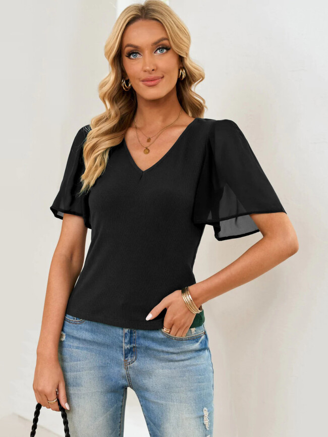 Wholesale Ruffle Sleeve V Neck Casual T Shirt