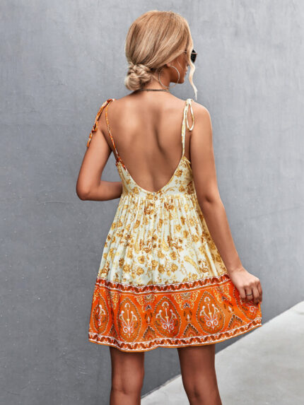 Wholesale Sexy V-Neck Backless Print Slip Dress