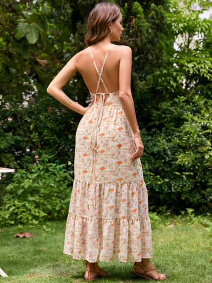 Wholesale Sexy V-neck Backless Floral Dress