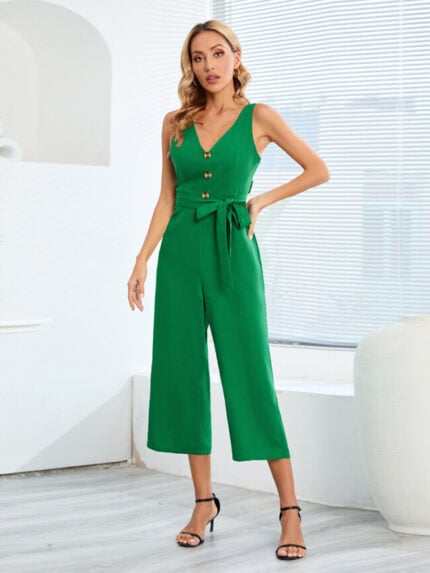 Wholesale Sleeveless Button V Neck Jumpsuit