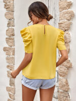 Wholesale Solid Color Puff Sleeve V Neck Blouse