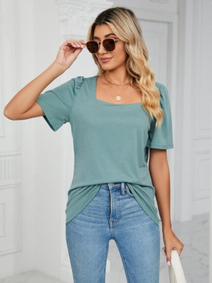 Wholesale Solid Color Square Neck Loose T-Shirt