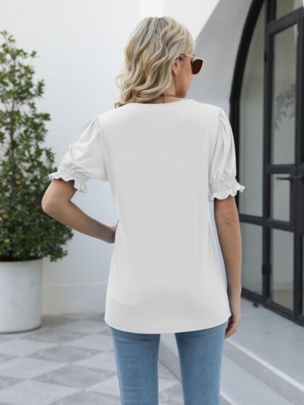 Wholesale Solid Color Square Neck Ruffle Sleeve T-Shirt