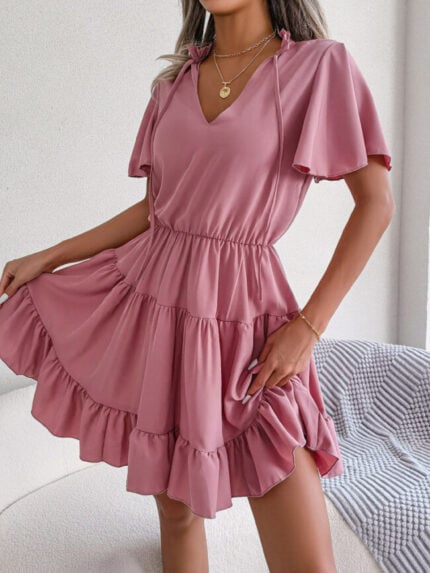 Wholesale Solid Color V-Neck Layered Hem Dress