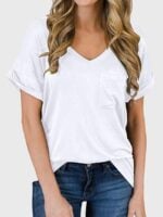 Wholesale Solid Color V Neck Pocket Short Sleeve T-Shirt