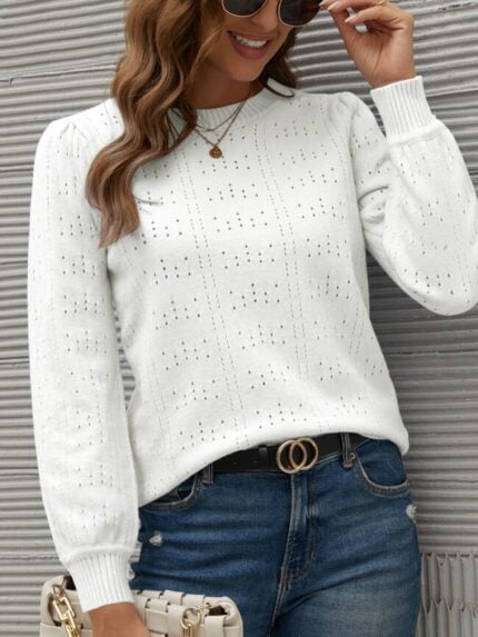 Wholesale Solid Pointelle Hollow Knit Sweater