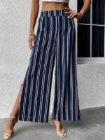 Wholesale Striped High Waist Slit Wide-leg Pants