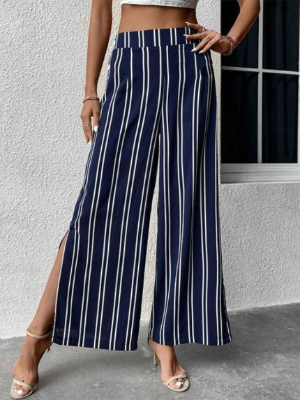 Wholesale Striped High Waist Slit Wide-leg Pants