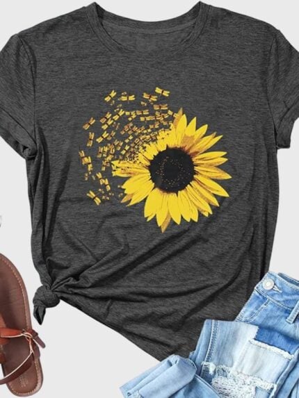 Wholesale Sunflower Fun Print Short Sleeve T-Shirt