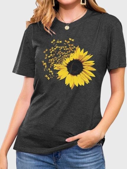 Wholesale Sunflower Fun Print Short Sleeve T-Shirt