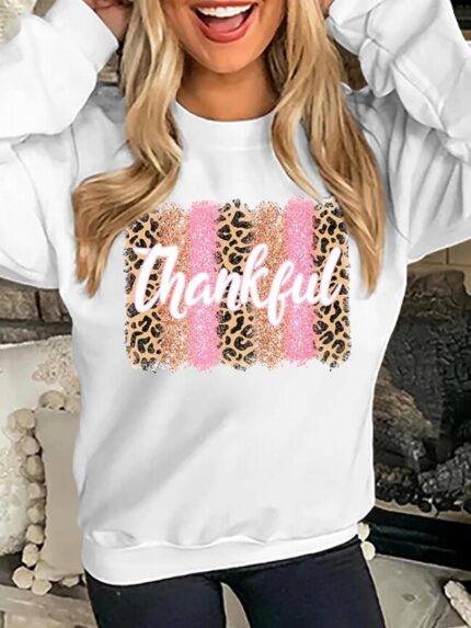 Wholesale Thankful Print Long Sleeve Sweatshirt