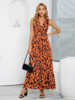 Wholesale Tie waist V-neck leopard sleeveless maxi dress