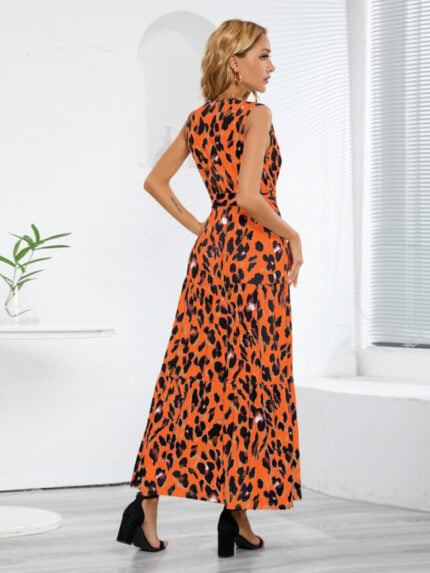 Wholesale Tie waist V-neck leopard sleeveless maxi dress