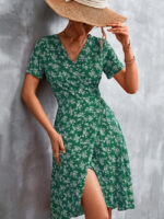 Wholesale V-Neck Floral Print Short Sleeve Slit Dress