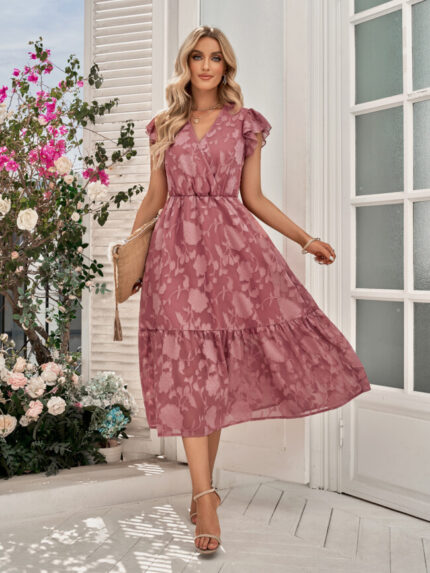 Wholesale V Neck Floral Ruffle Sleeve Dress