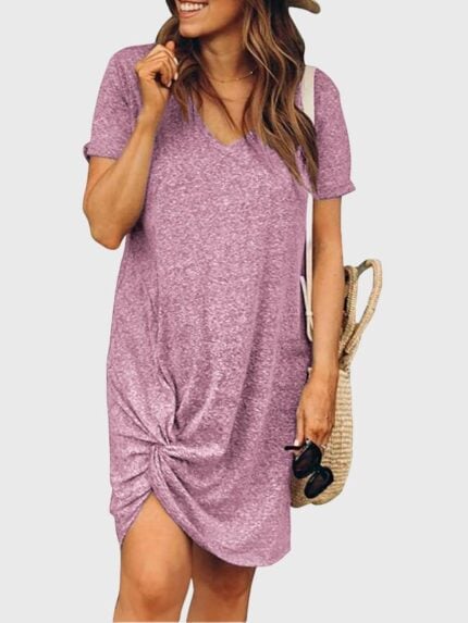 Wholesale V Neck Hem Knot Short Sleeve Dress