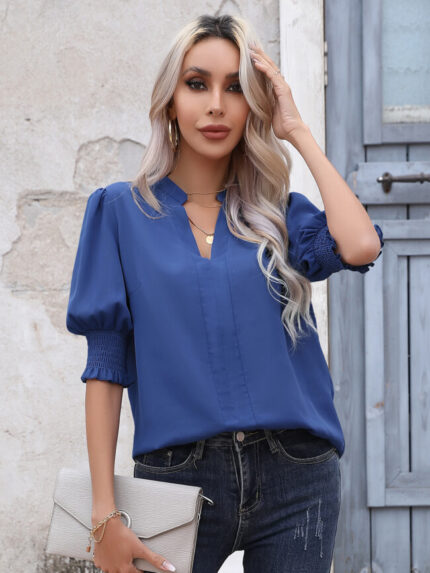 Wholesale V Neck Puff Sleeve Chiffon Shirt