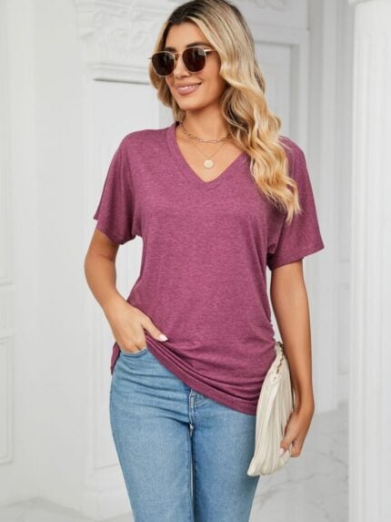 Wholesale V Neck Short Sleeve Solid Color T-Shirt