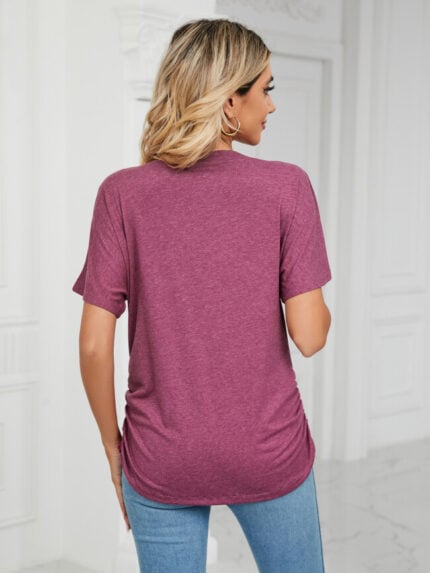 Wholesale V Neck Short Sleeve Solid Color T-Shirt