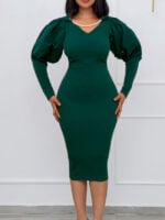 Wholesale V-Neck Solid Color Long Sleeve Slim Fit Dress