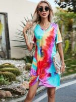 Wholesale V Neck Tie Dye Casual Knot T-Shirt Dress