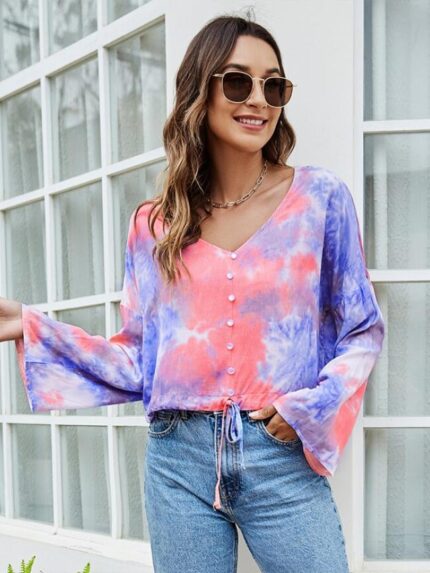 Wholesale V-Neck Tie-Dye Printed Long Sleeve Top