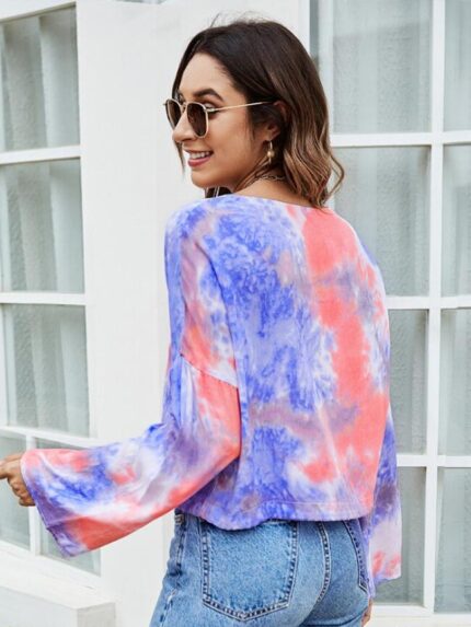 Wholesale V-Neck Tie-Dye Printed Long Sleeve Top