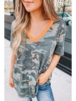 Wholesale V-neck Camo Print Short Sleeve T-Shirt