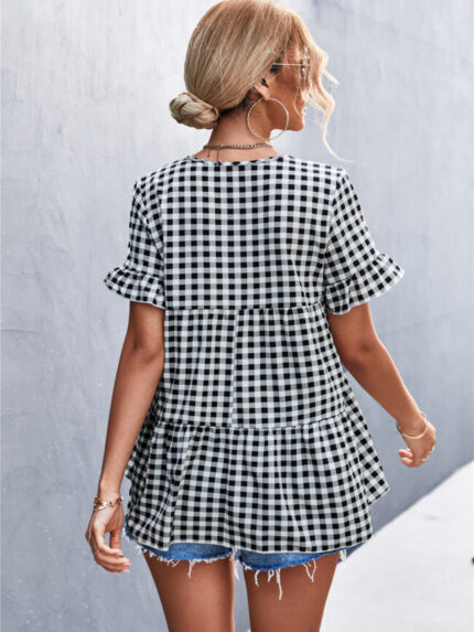 Wholesale V-neck Plaid Ruffled Top