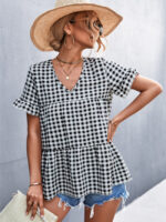 Wholesale V-neck Plaid Ruffled Top