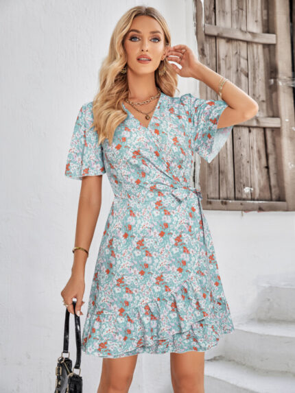 Wholesale V-neck Printed Short Sleeved Dress