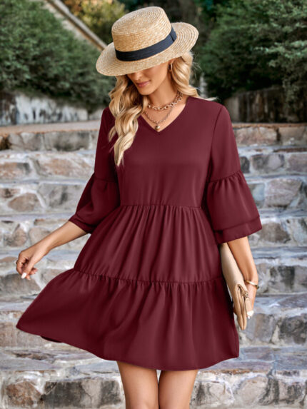 Wholesale V-neck Solid Color Ruffled Dress