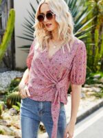 Wholesale V-neck floral lace-up shirt top