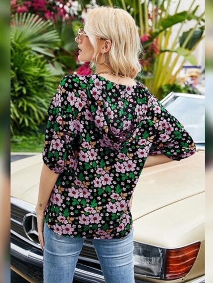 Wholesale V-neck floral print hooded shirt