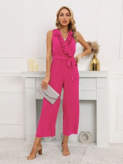 Wholesale V-neck ruffled pleated jumpsuit