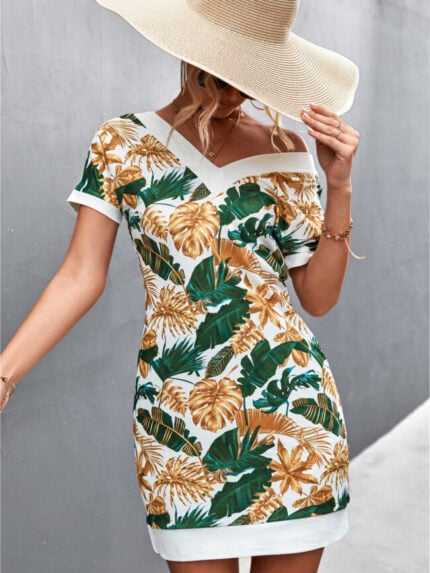 Wholesale V-neck short-sleeved printed dress