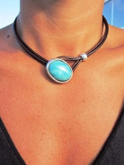 Wholesale Vintage Leather Turquoise Clavicle Chain