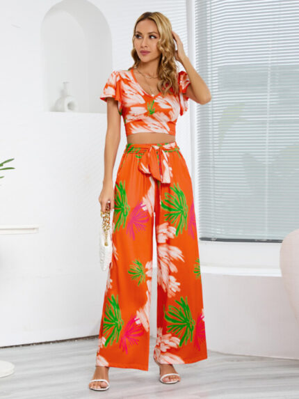 Wholesale printed wide leg trousers two piece