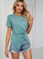 Wholesale solid color irregular split hem T-shirt