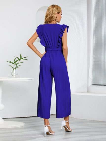 Wholesale solid tie waist pleated jumpsuit