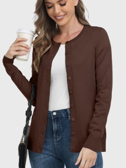 Wholesale Brown Round Neck Button Thin Knit Cardigan