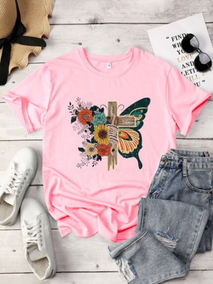 Wholesale Butterfly Flower Faith Print Short Sleeve T-shirt