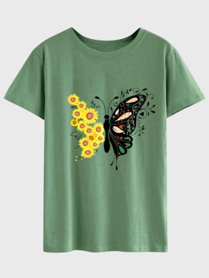 Wholesale Butterfly Flower Print Short Sleeve T-shirt