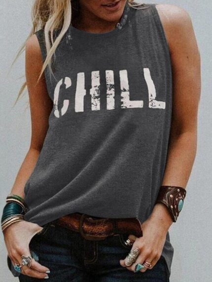 Wholesale CHILL Print Short Sleeve Tank Top