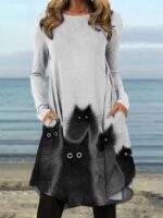 Wholesale Cat Print Long Sleeve Loose Dress