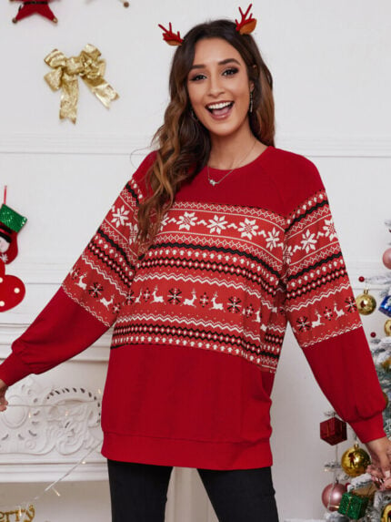 Wholesale Christmas print stitching knit top