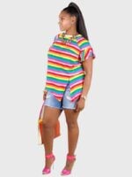 Wholesale Color Striped Ruffle Sleeve T-Shirt