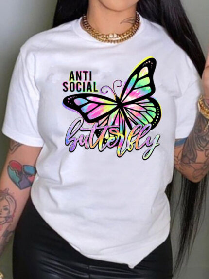 Wholesale Colorful Butterfly Print Short Sleeve T-shirt