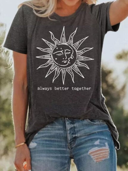 Wholesale Dark Gray Retro Sun Print Casual T-Shirt