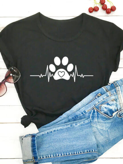 Wholesale Dog Paw Heartbeat Print Short Sleeve T-shirt